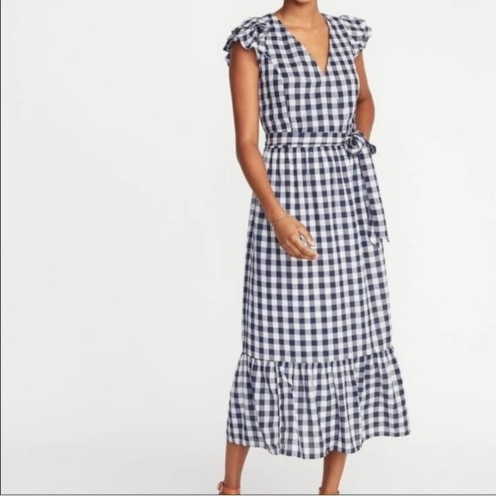 Old Navy Gingham Flutter Sleeve Midi Dress Blue White Wrap Front Medium Women